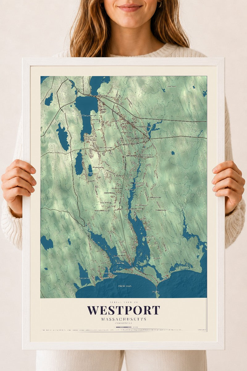 Westport, Massachusetts map print - 18 x 24 white Ayous wood frame