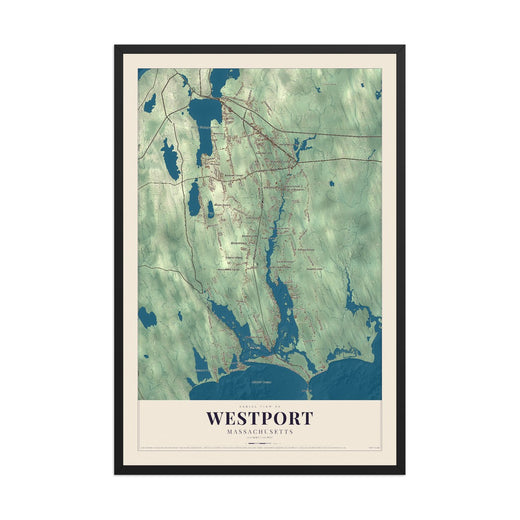 Map of Westport, Massachusetts, 12 x 18 inch print in a black wood frame