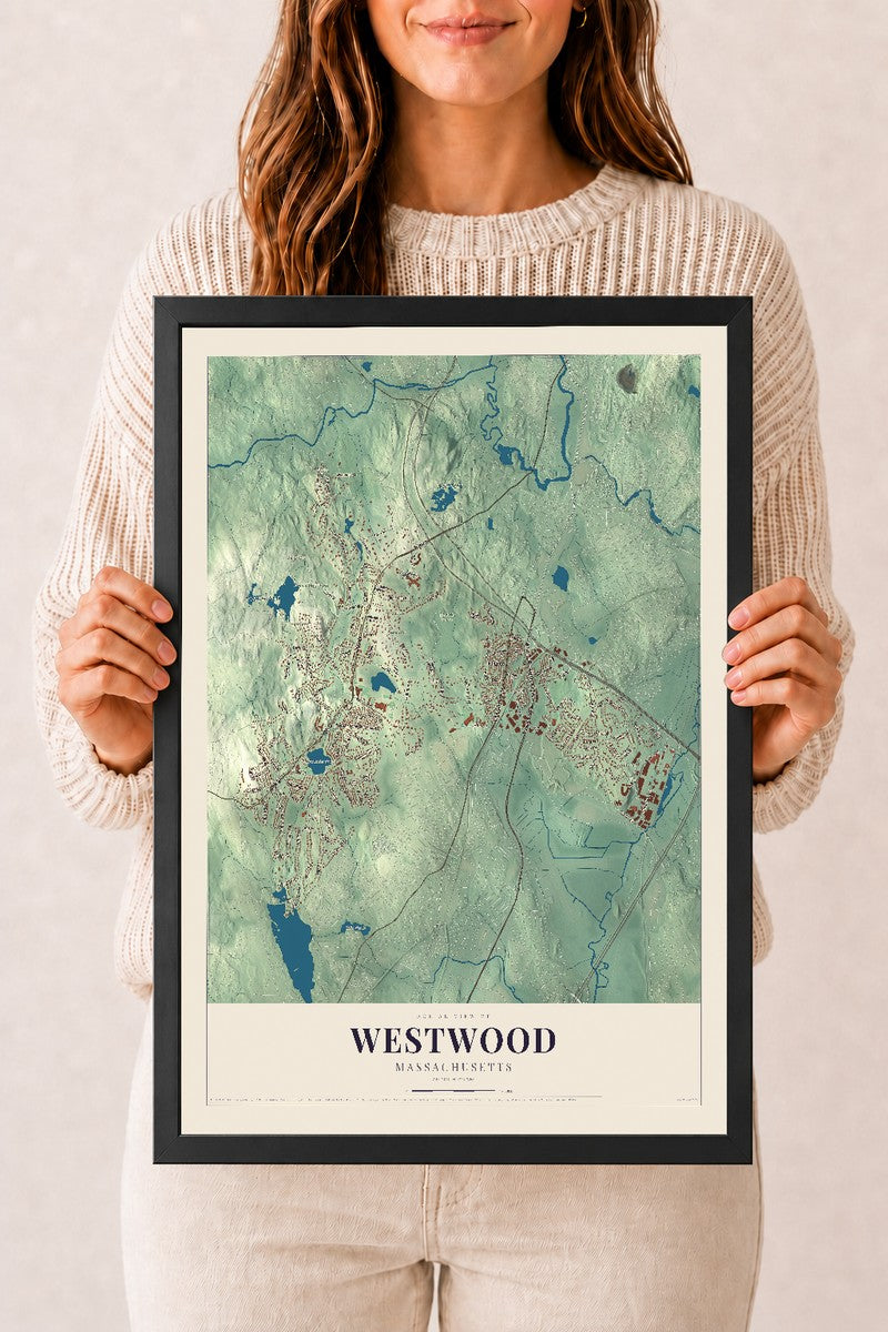 Westwood, Massachusetts map print - 12 x 18 black Ayous wood frame