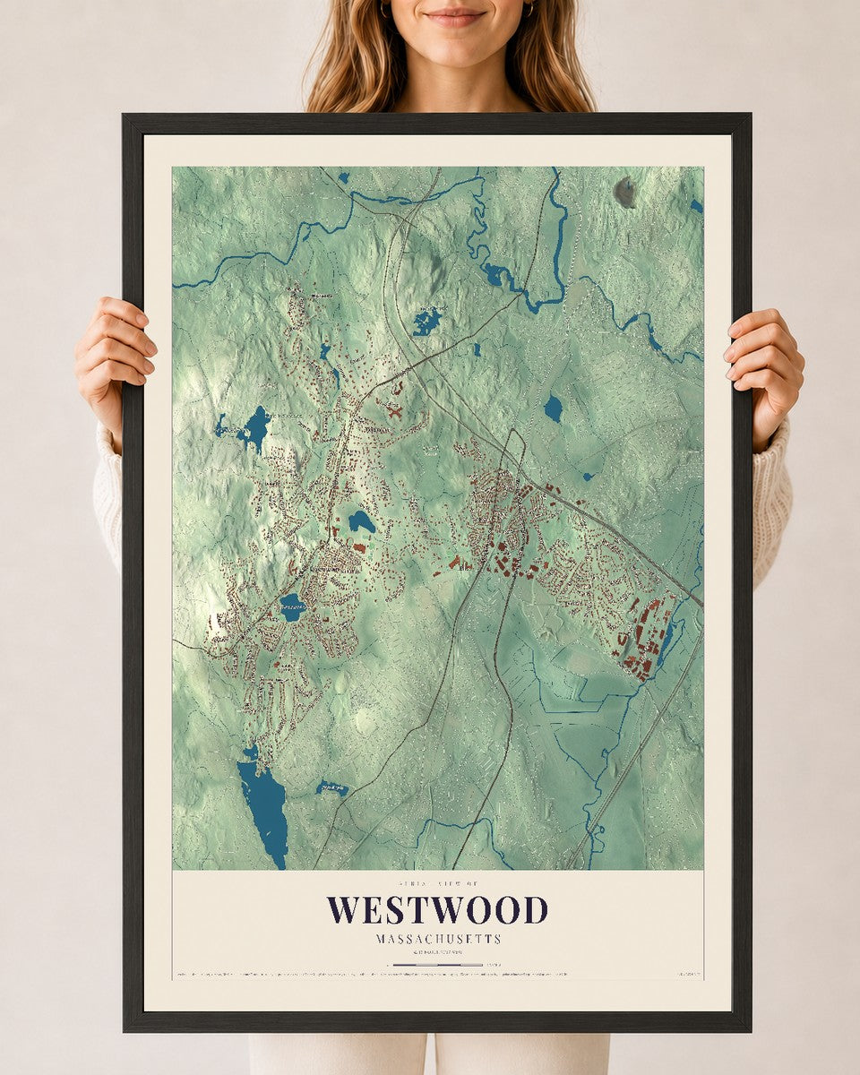 Westwood, Massachusetts map print - 24 x 36 black Ayous wood frame