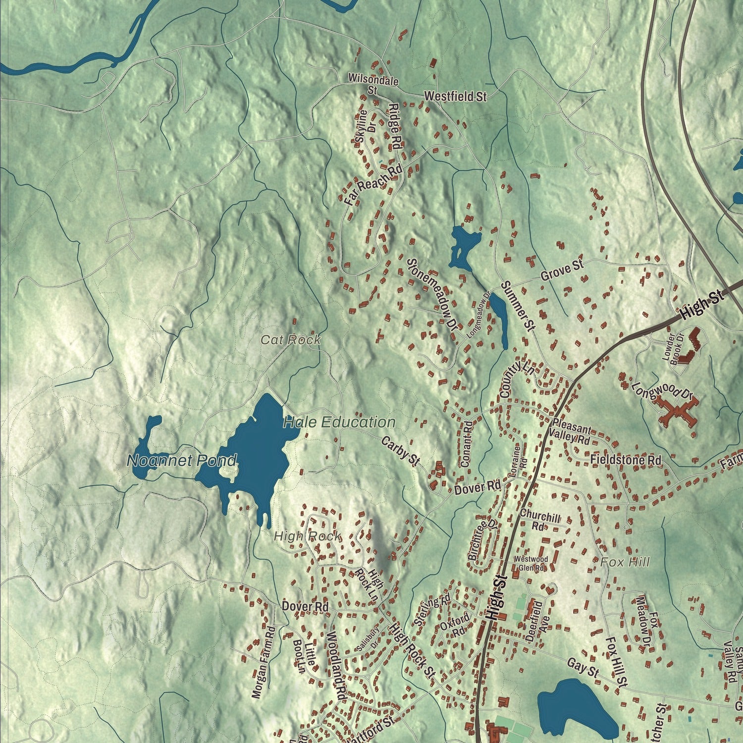 Terrain and local geography detail from the Westwood, Massachusetts map