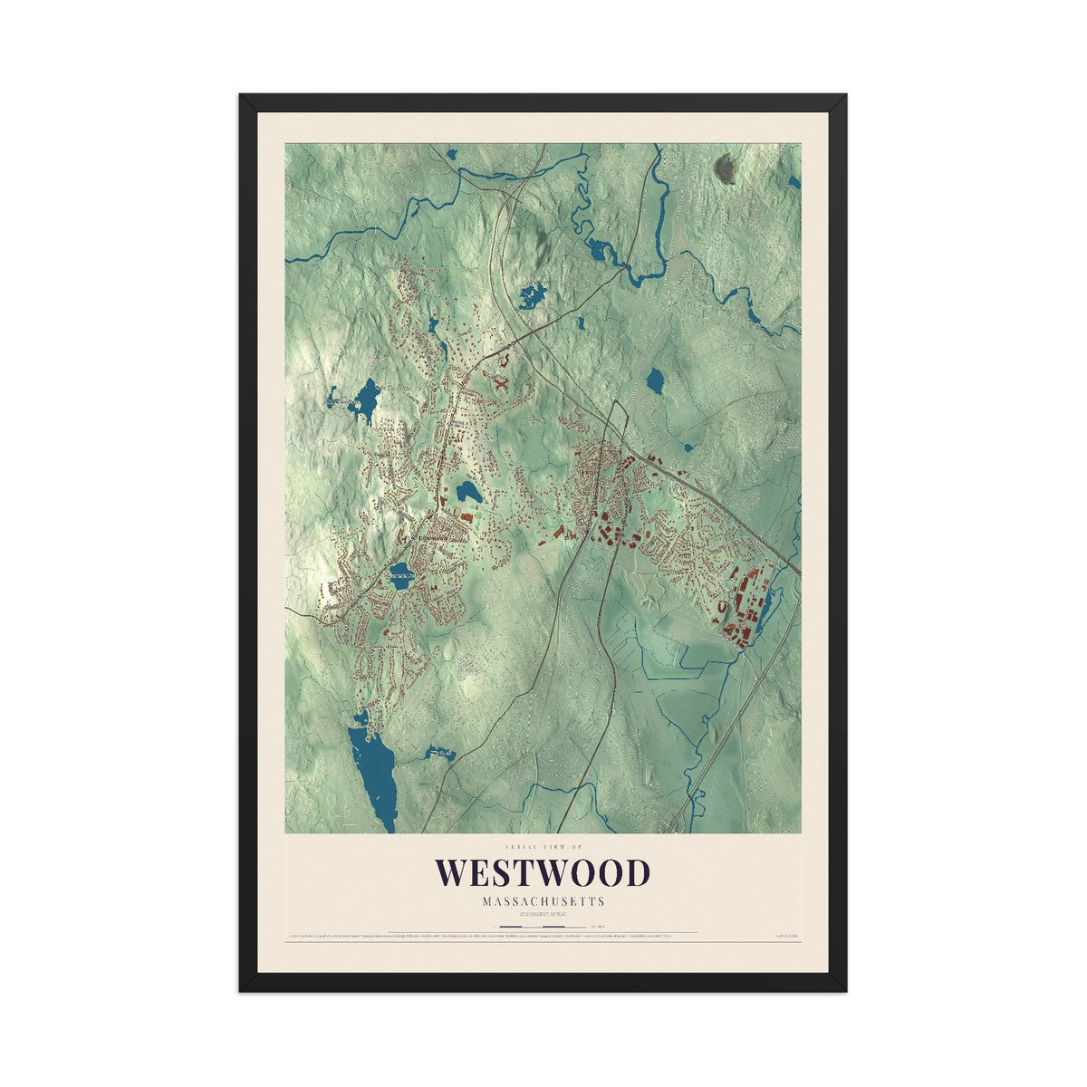 Map of Westwood, Massachusetts, 12 x 18 inch print in a black wood frame