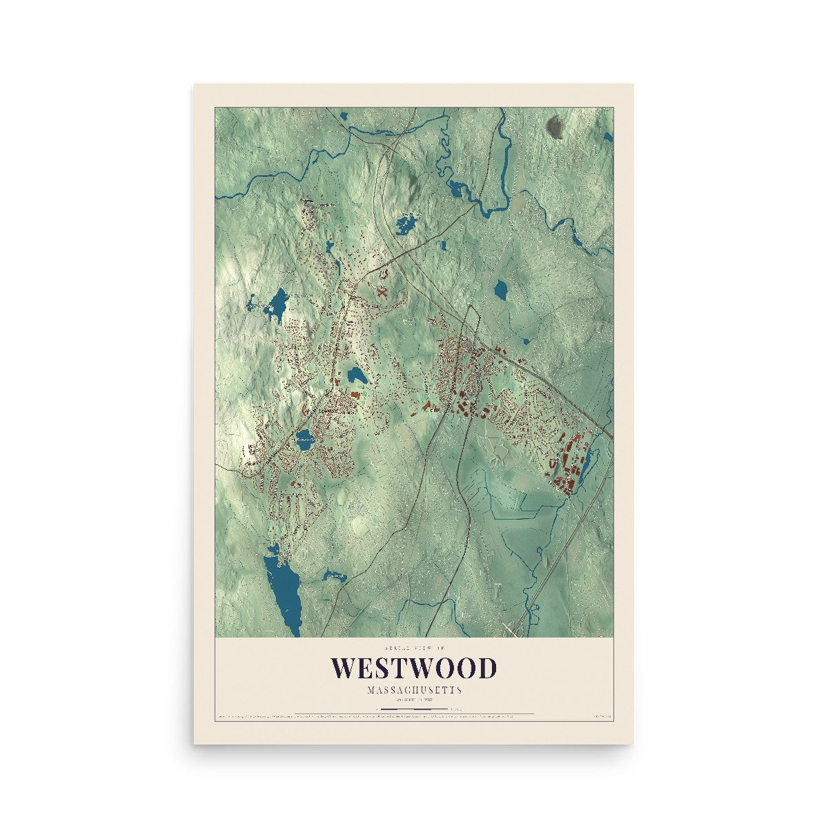 Map of Westwood, Massachusetts, 12 x 18 inch unframed archival matte print