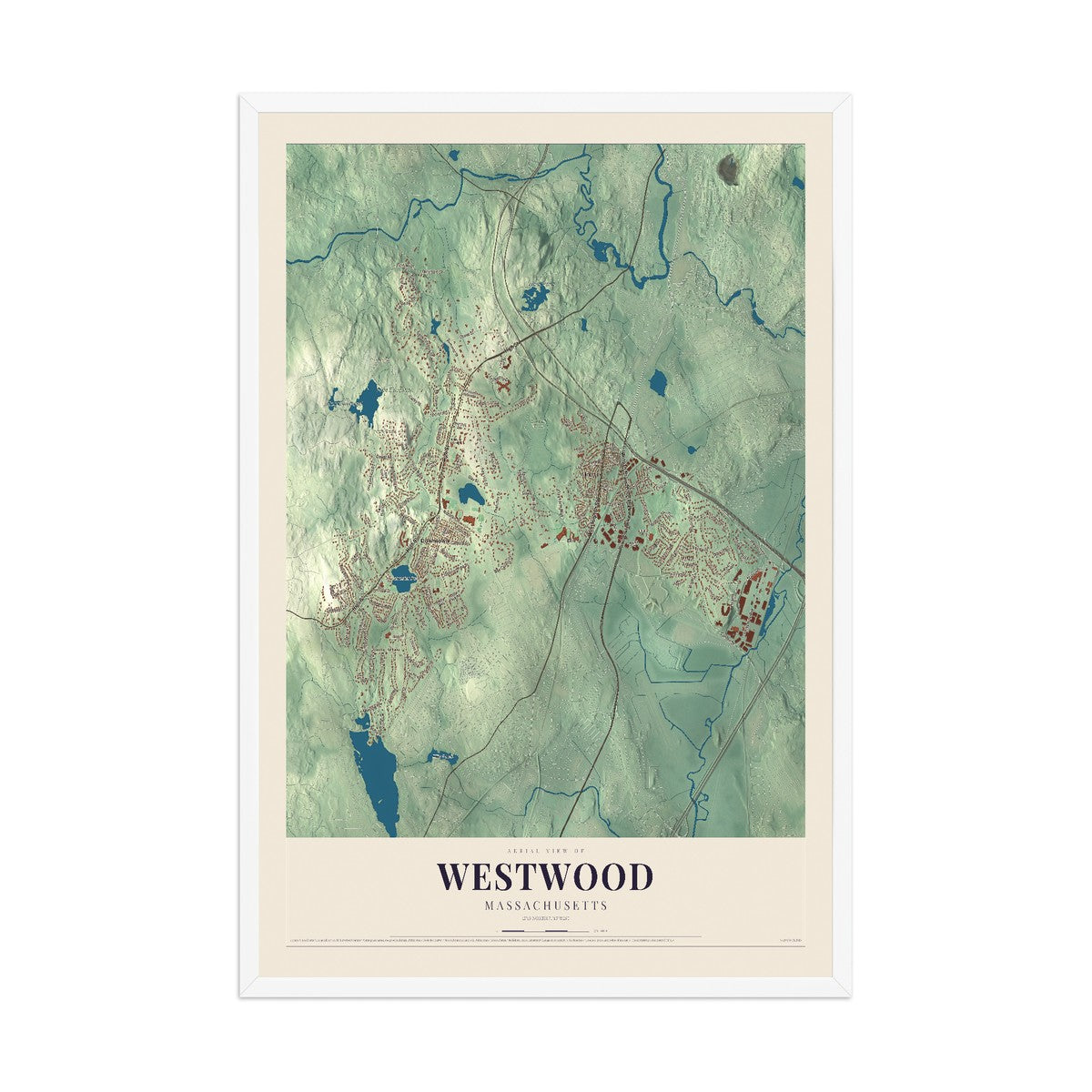 Map of Westwood, Massachusetts, 12 x 18 inch print in a white wood frame
