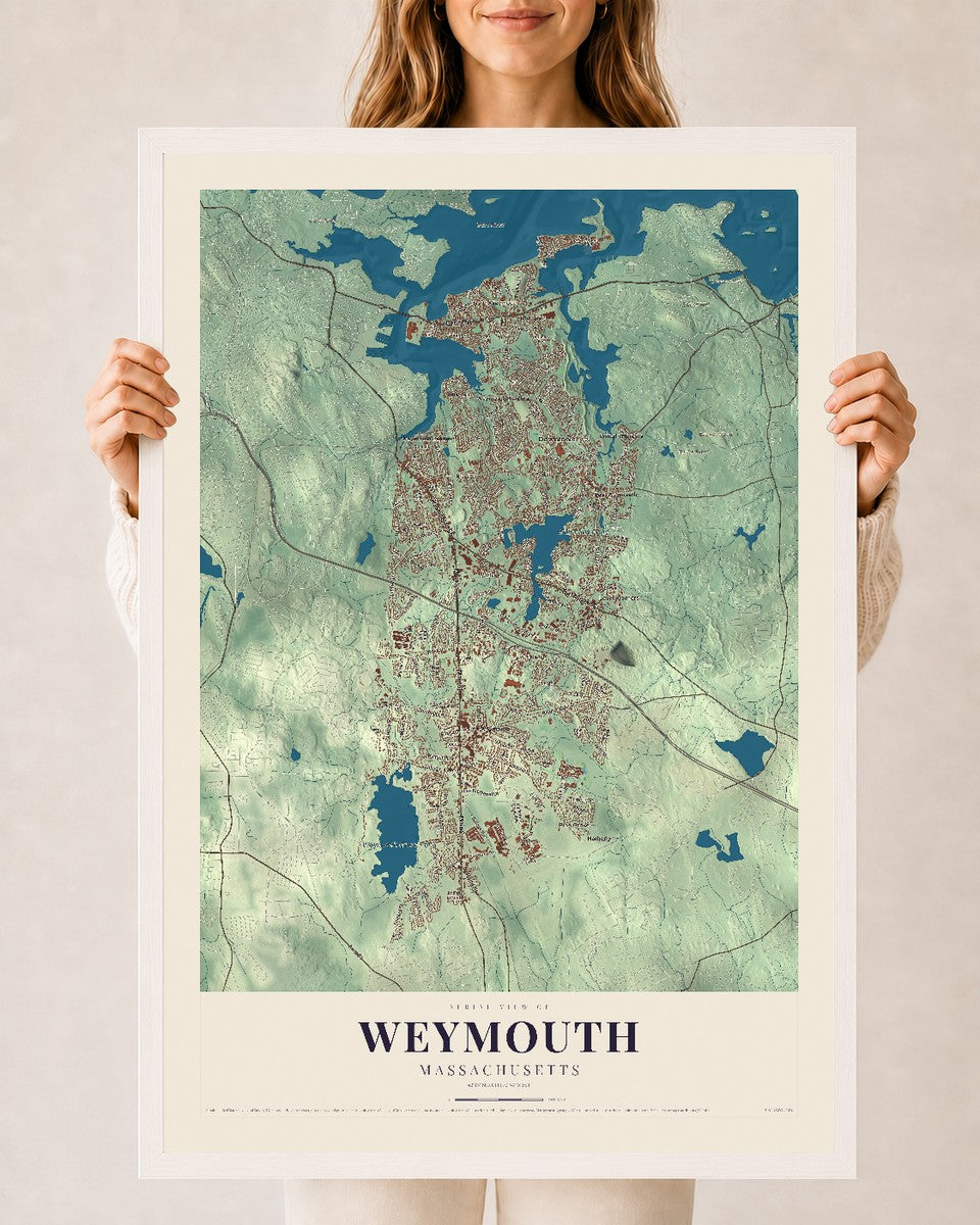 Weymouth, Massachusetts map print - 24 x 36 white Ayous wood frame