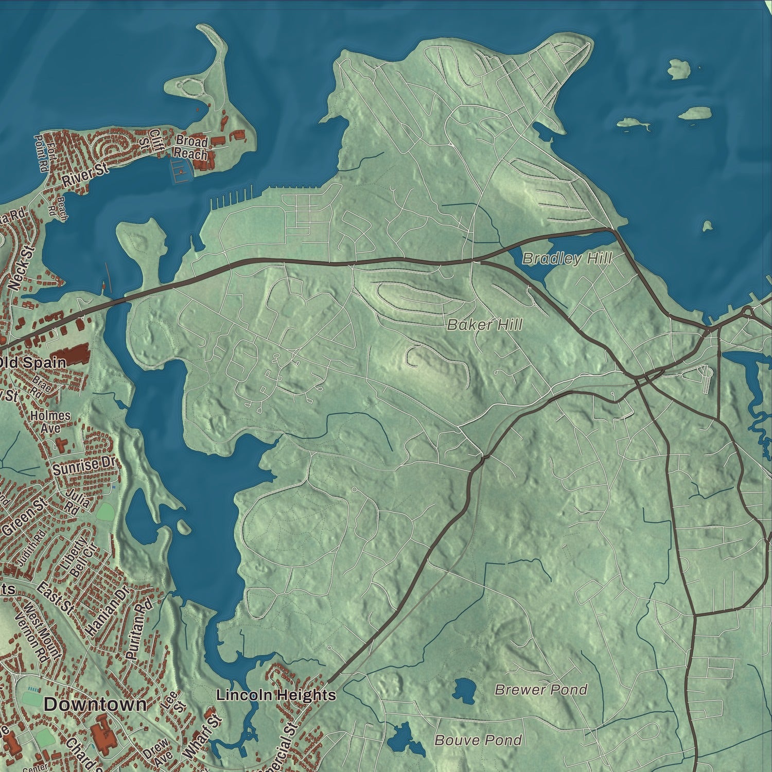 Terrain and local geography detail from the Weymouth, Massachusetts map