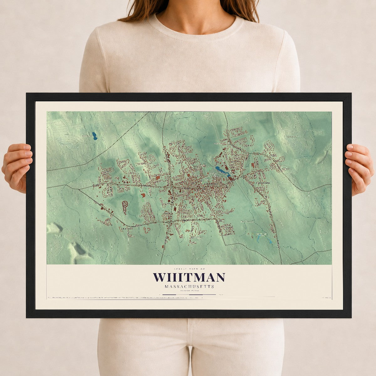 Whitman, Massachusetts map print - 12 x 18 black Ayous wood frame
