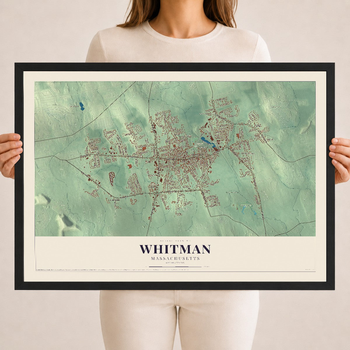 Whitman, Massachusetts map print - 18 x 24 black Ayous wood frame