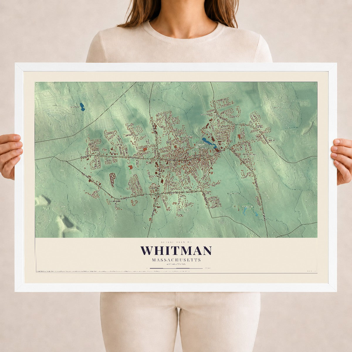 Whitman, Massachusetts map print - 18 x 24 white Ayous wood frame