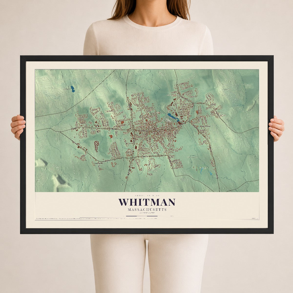 Whitman, Massachusetts map print - 24 x 36 black Ayous wood frame