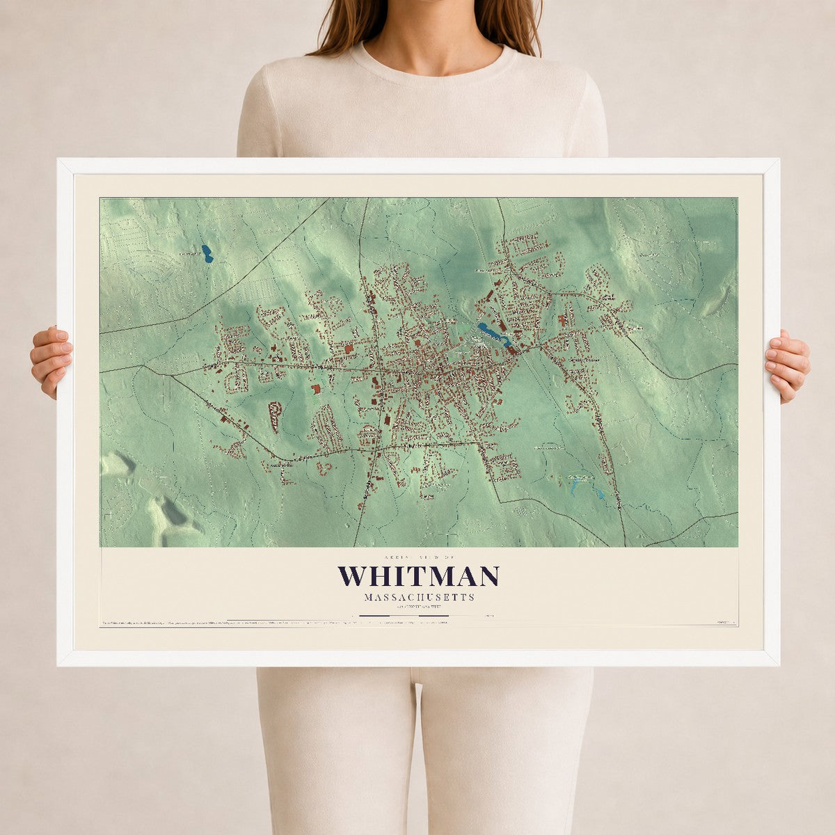 Whitman, Massachusetts map print - 24 x 36 white Ayous wood frame