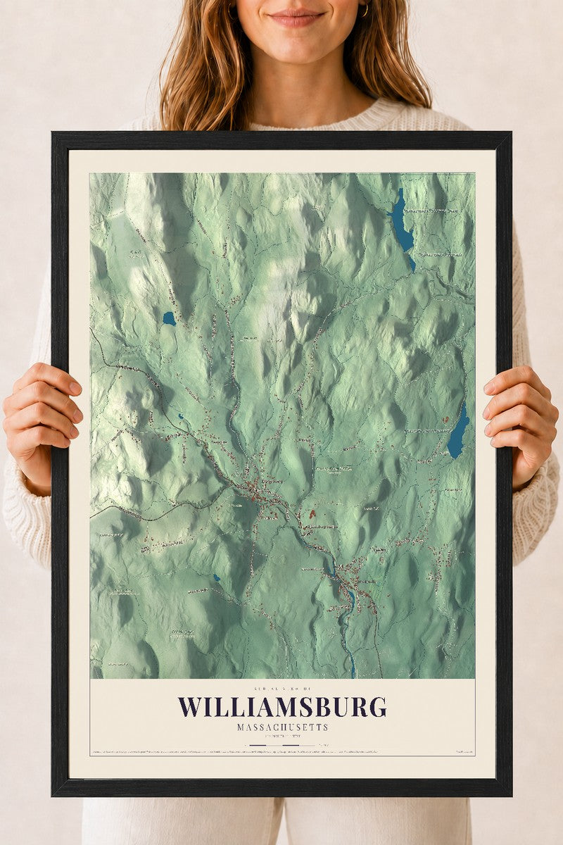 Williamsburg, Massachusetts map print - 18 x 24 black Ayous wood frame
