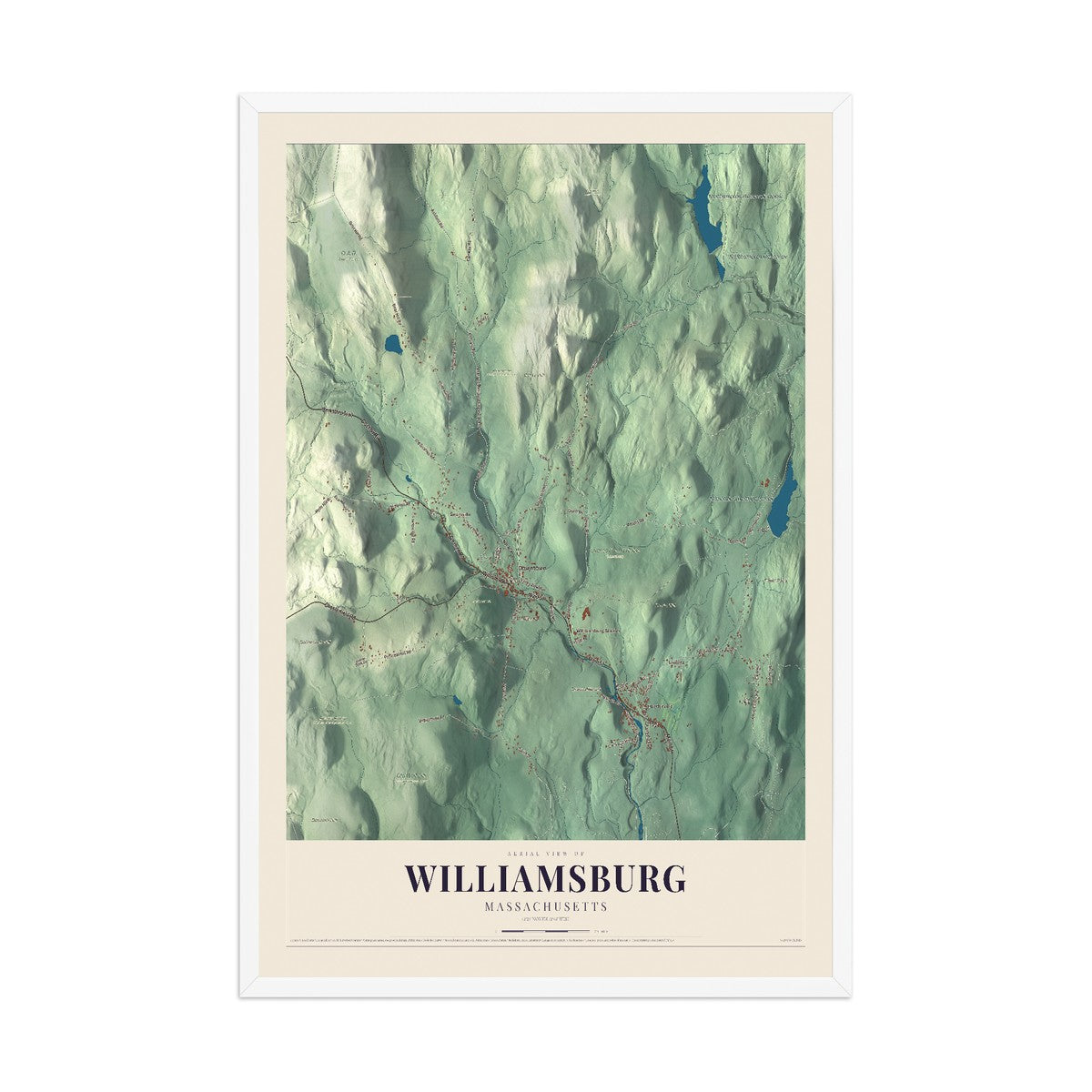 Map of Williamsburg, Massachusetts, 12 x 18 inch print in a white wood frame