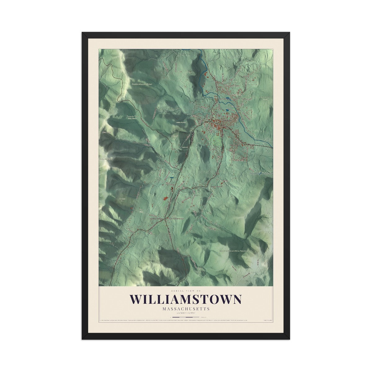 Map of Williamstown, Massachusetts, 12 x 18 inch print in a black wood frame