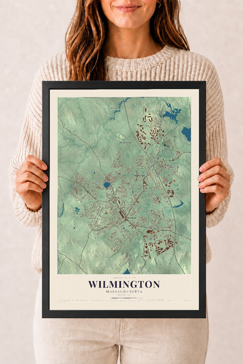 Wilmington, Massachusetts map print - 12 x 18 black Ayous wood frame