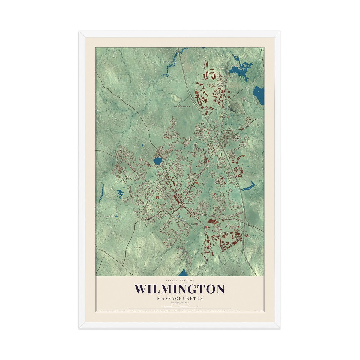 Map of Wilmington, Massachusetts, 12 x 18 inch print in a white wood frame