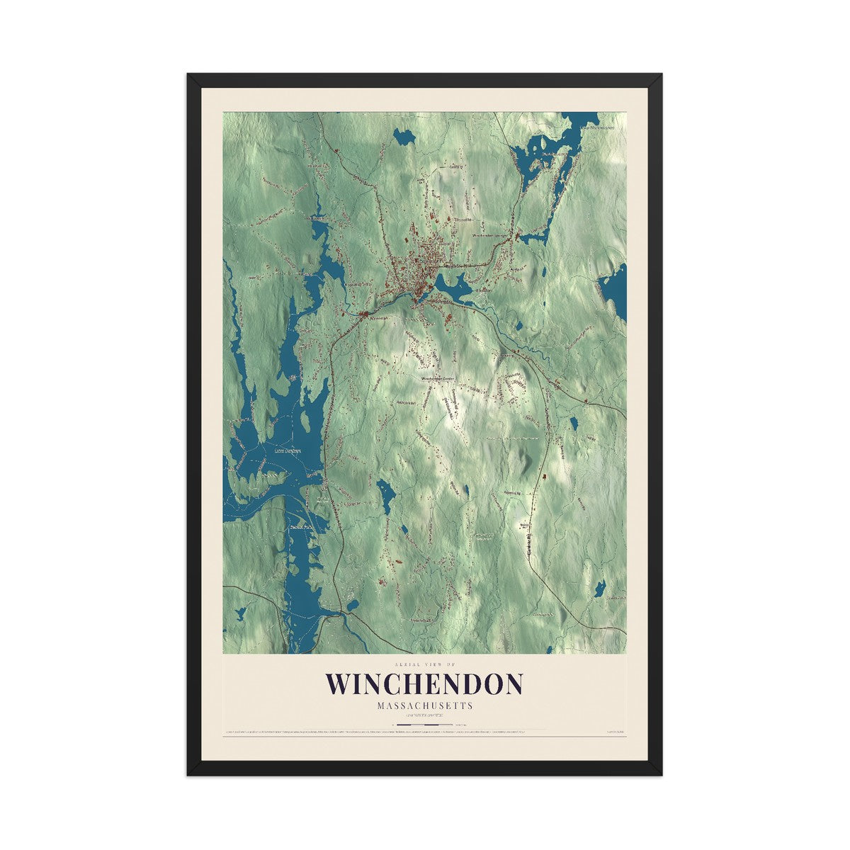 Winchendon, Massachusetts map print - 12 x 18 black Ayous wood frame