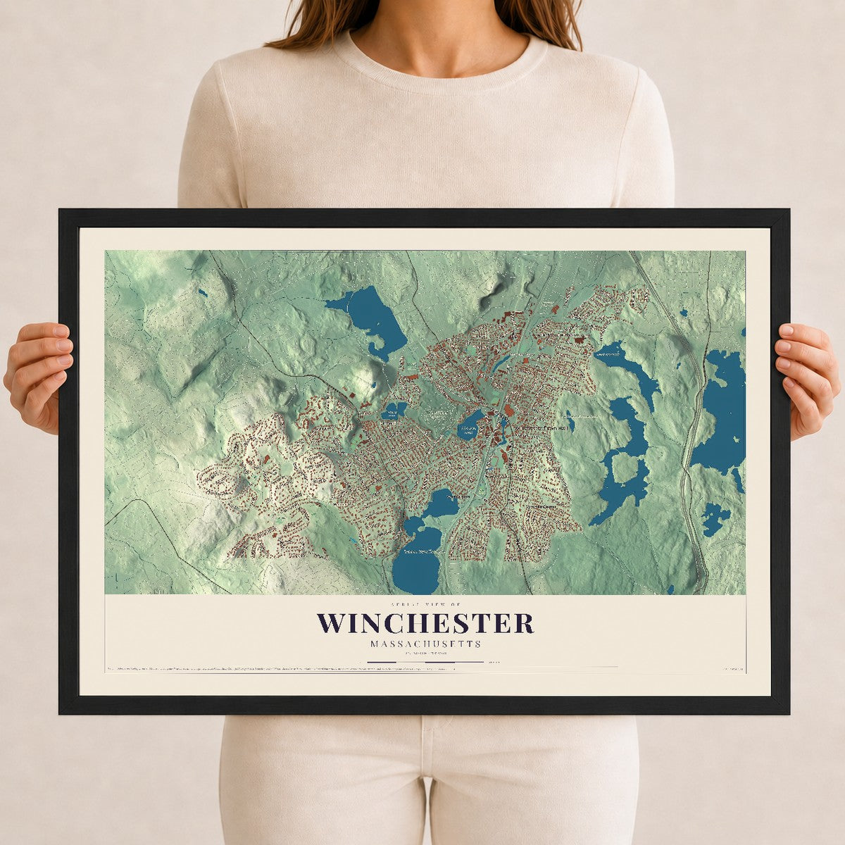 Winchester, Massachusetts map print - 12 x 18 black Ayous wood frame