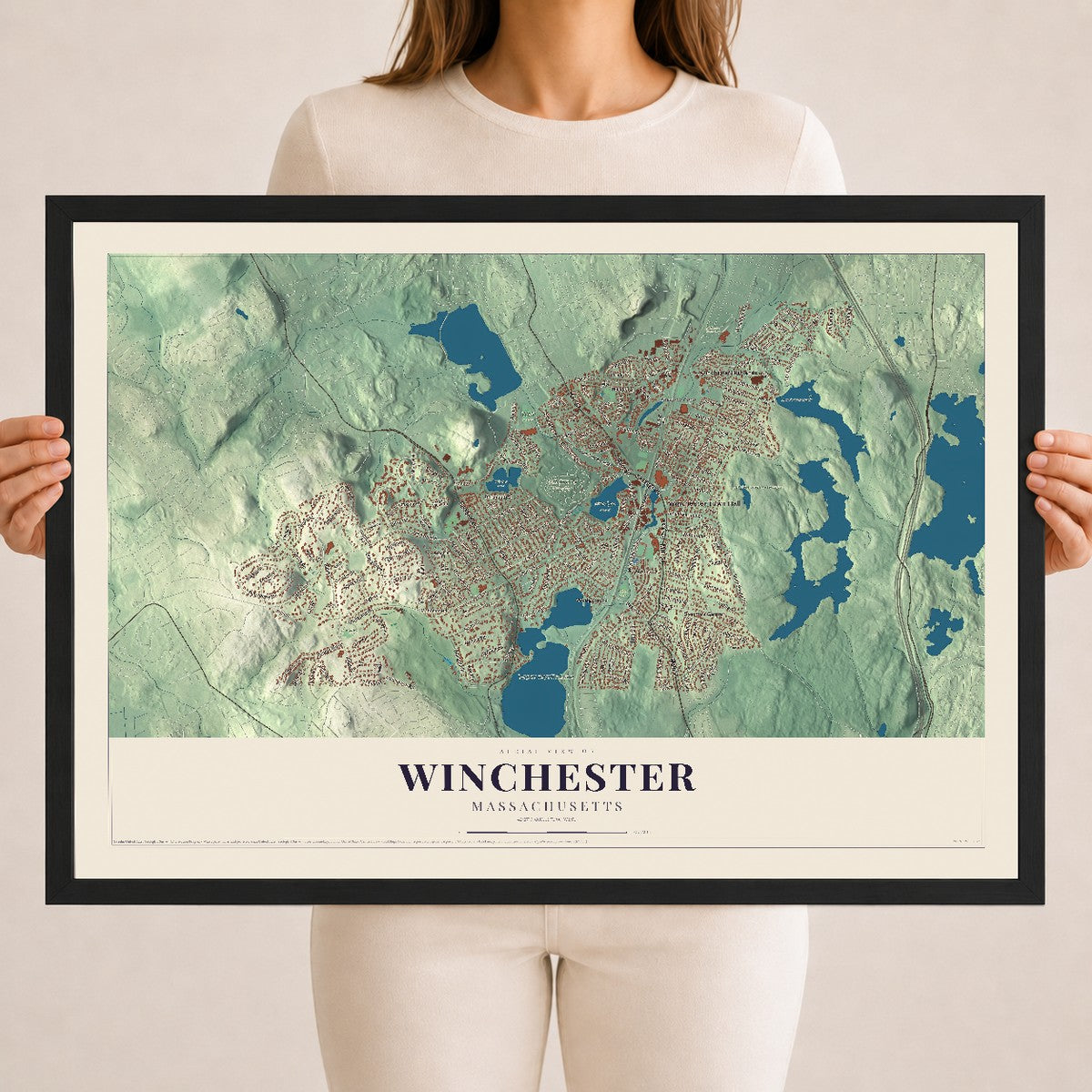 Winchester, Massachusetts map print - 18 x 24 black Ayous wood frame