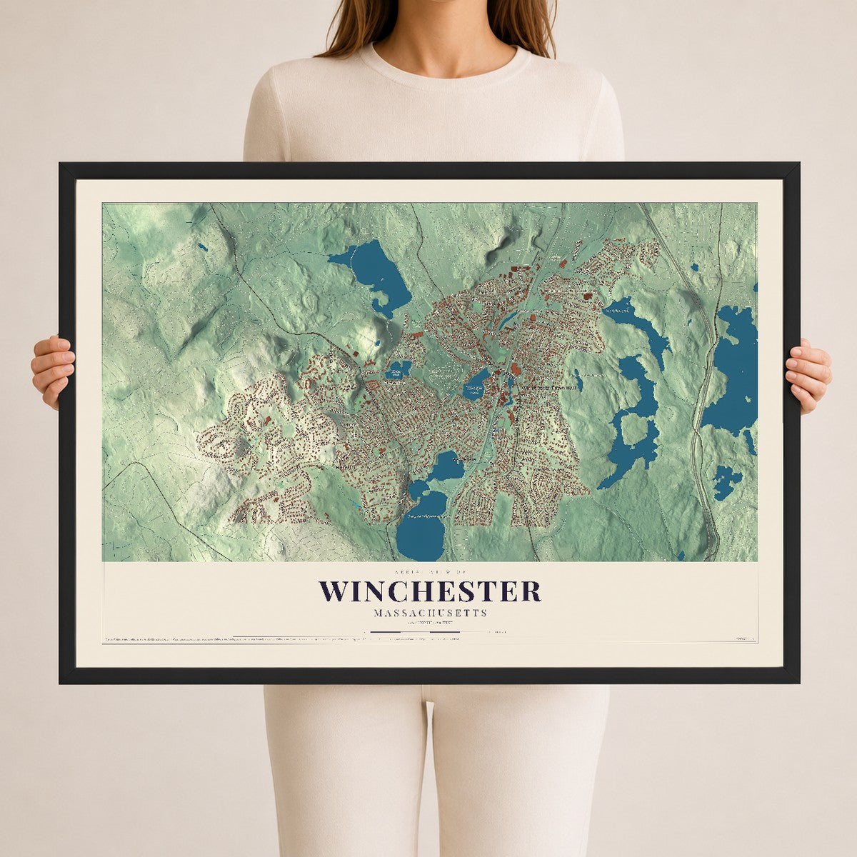 Winchester, Massachusetts map print - 24 x 36 black Ayous wood frame
