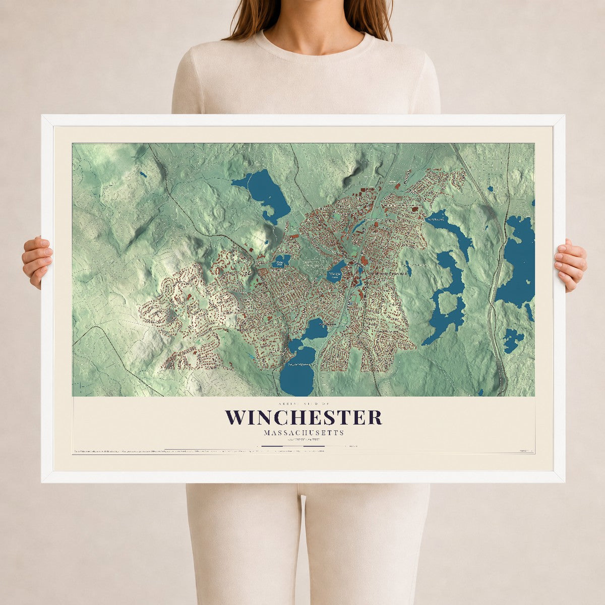 Winchester, Massachusetts map print - 24 x 36 white Ayous wood frame