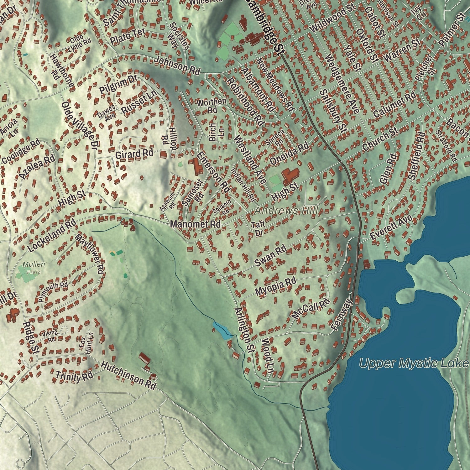 Terrain and local geography detail from the Winchester, Massachusetts map