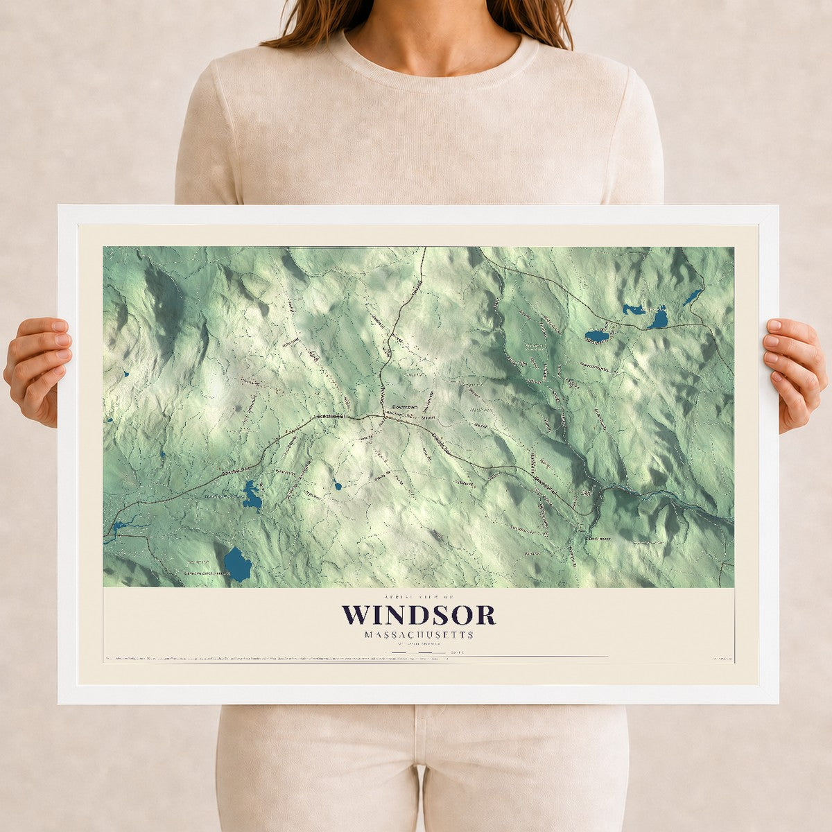 Windsor, Massachusetts map print - 12 x 18 white Ayous wood frame