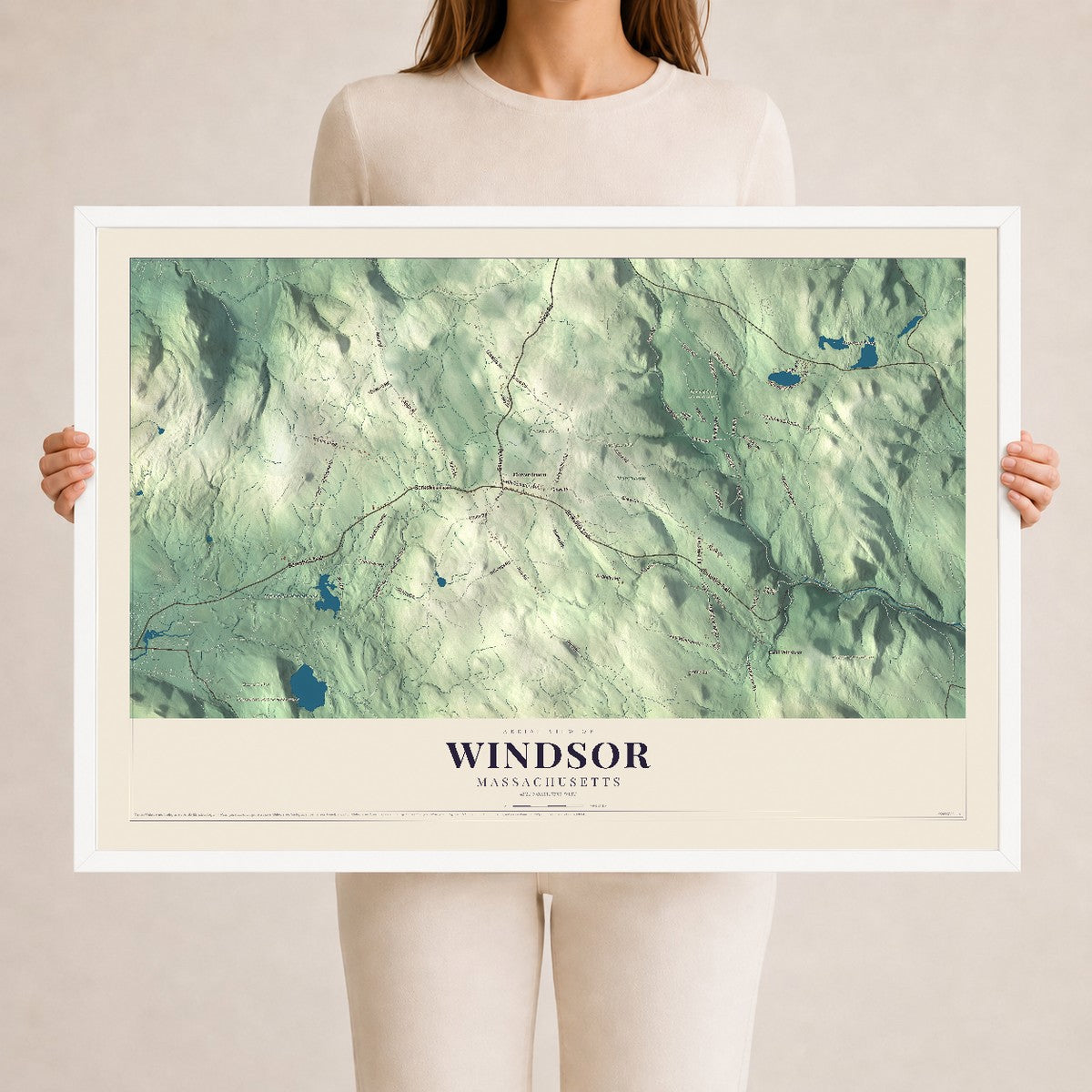 Windsor, Massachusetts map print - 24 x 36 white Ayous wood frame