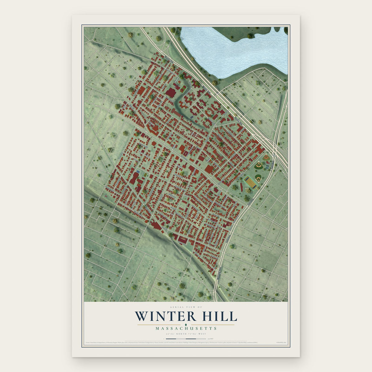Winter Hill, Massachusetts map print, the full design