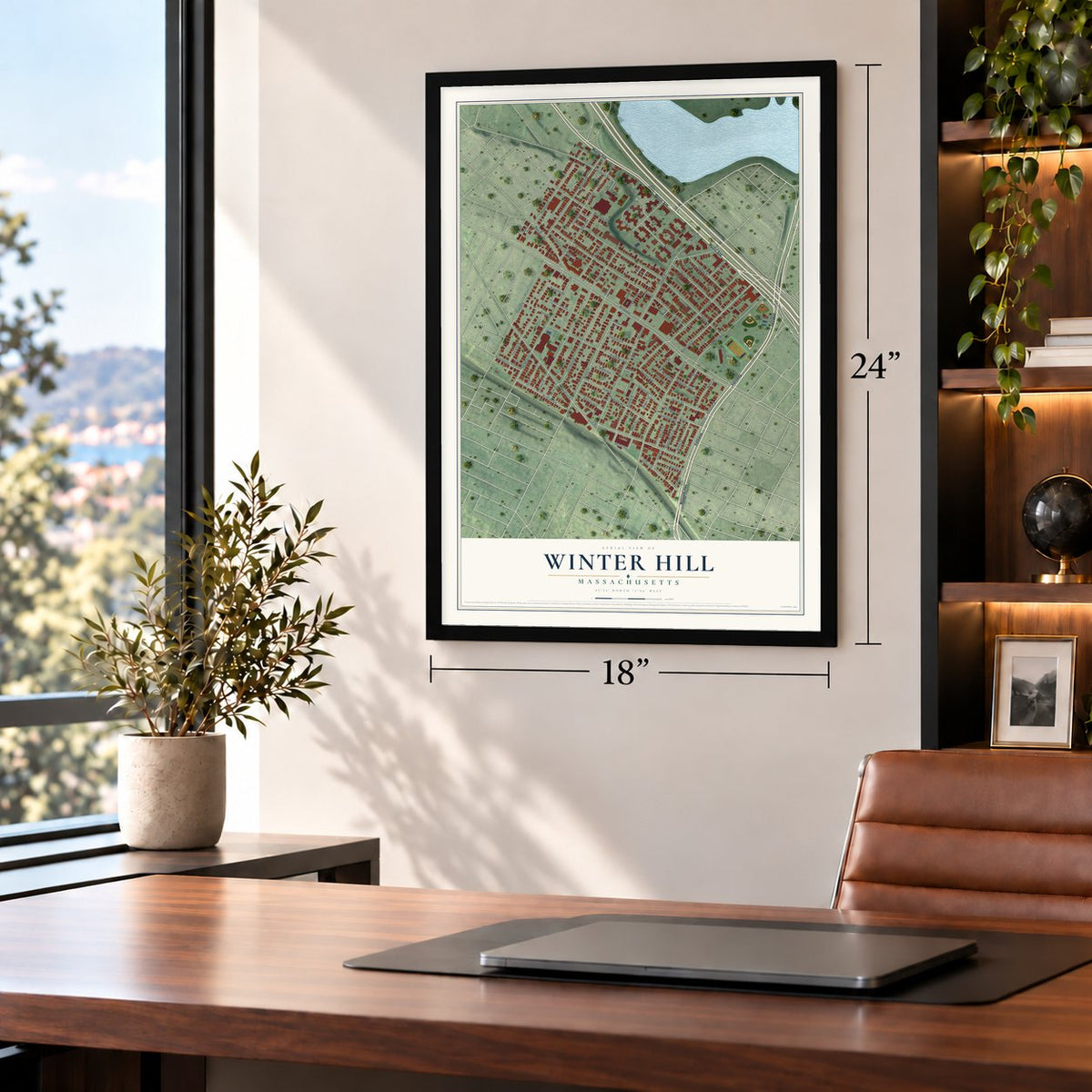 Winter Hill, Massachusetts map, 18 x 24 inch print in a black frame in a home office