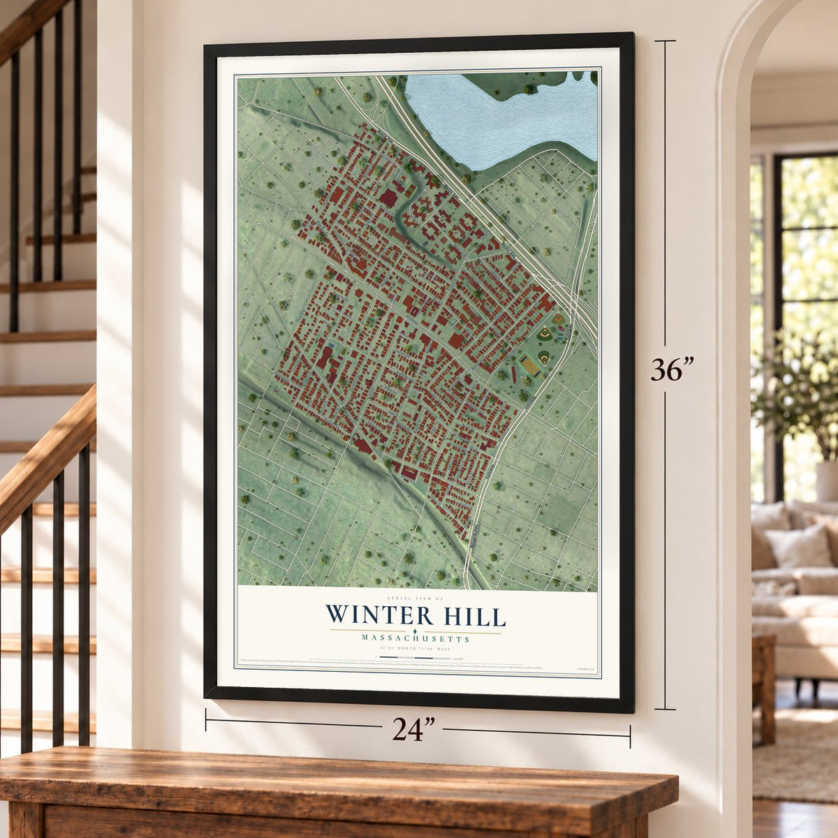 Winter Hill, Massachusetts map, 24 x 36 inch print in a black frame by a staircase