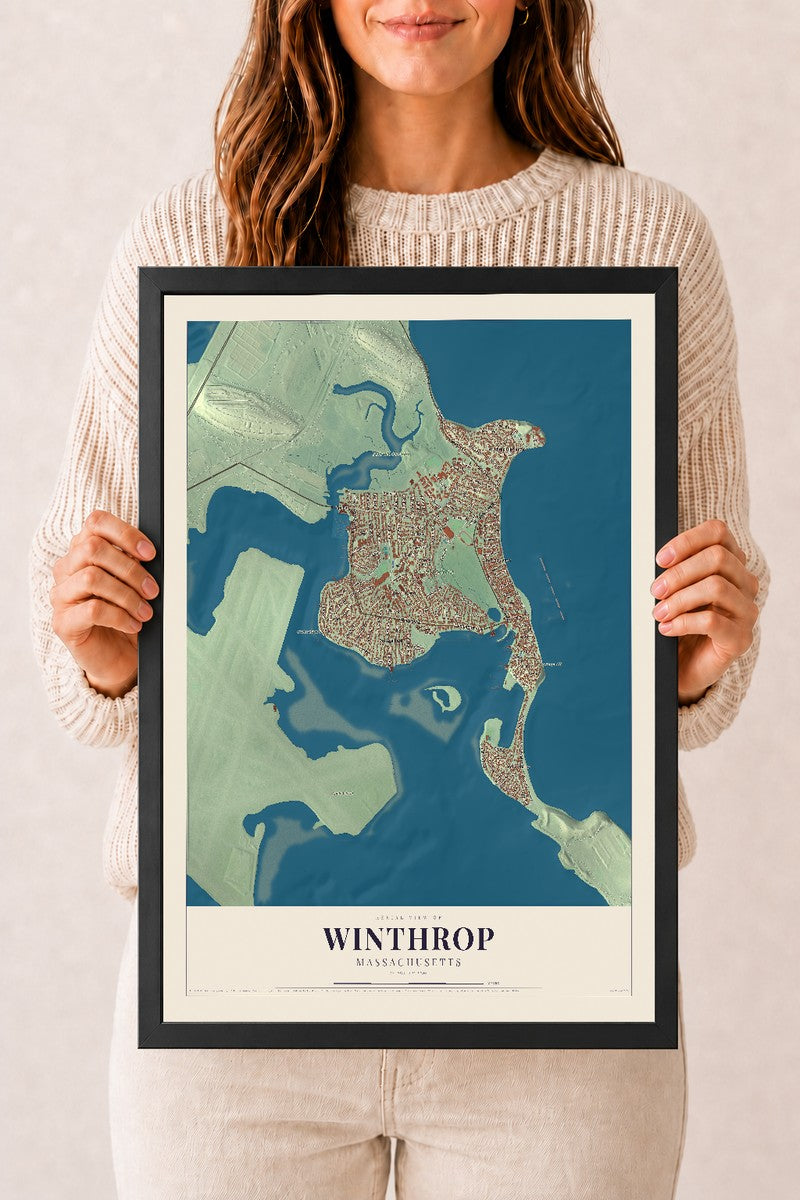 Winthrop, Massachusetts map print - 12 x 18 black Ayous wood frame