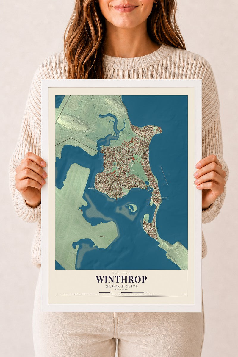 Winthrop, Massachusetts map print - 12 x 18 white Ayous wood frame