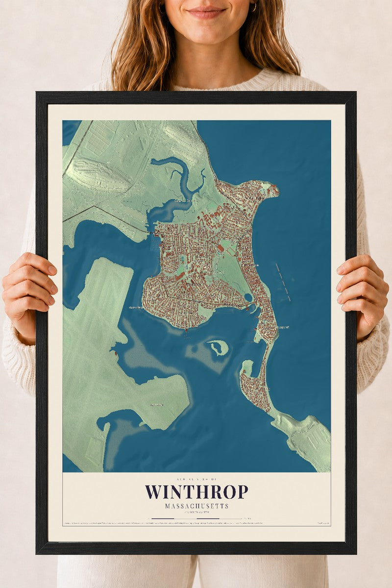 Winthrop, Massachusetts map print - 18 x 24 black Ayous wood frame