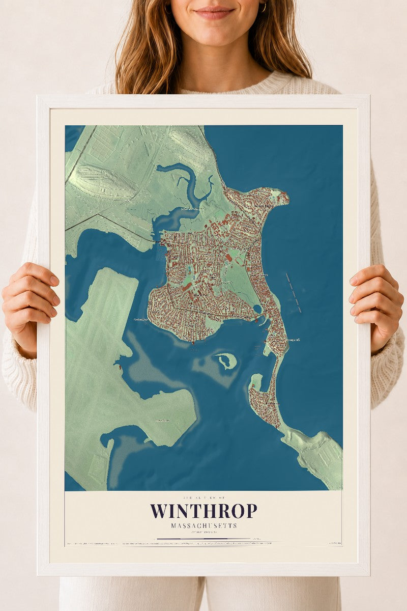 Winthrop, Massachusetts map print - 18 x 24 white Ayous wood frame