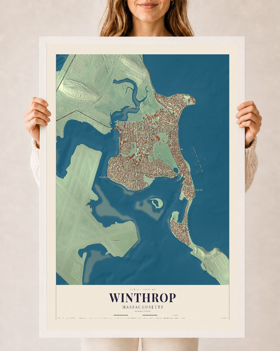 Winthrop, Massachusetts map print - 24 x 36 white Ayous wood frame