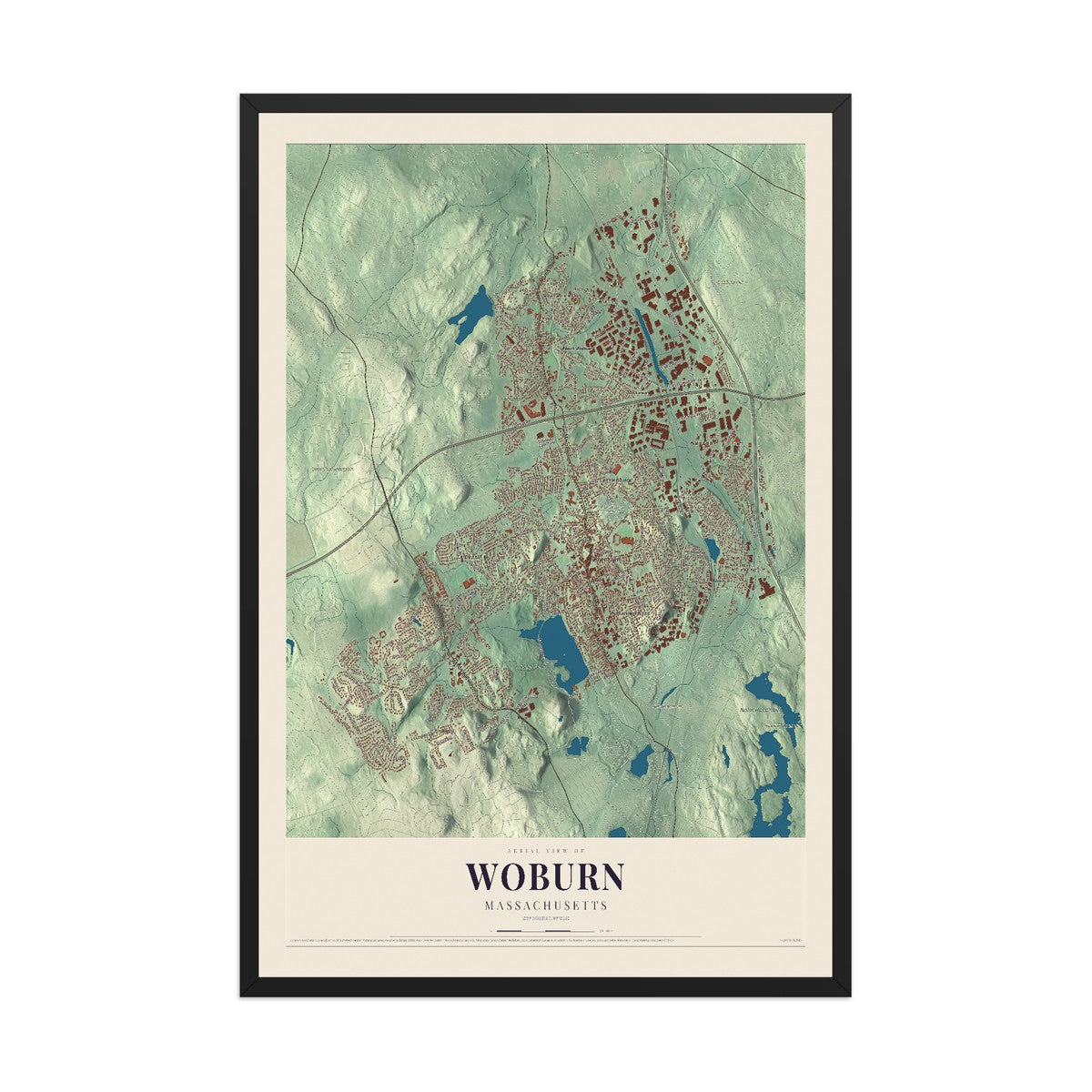 Map of Woburn, Massachusetts, 12 x 18 inch print in a black wood frame