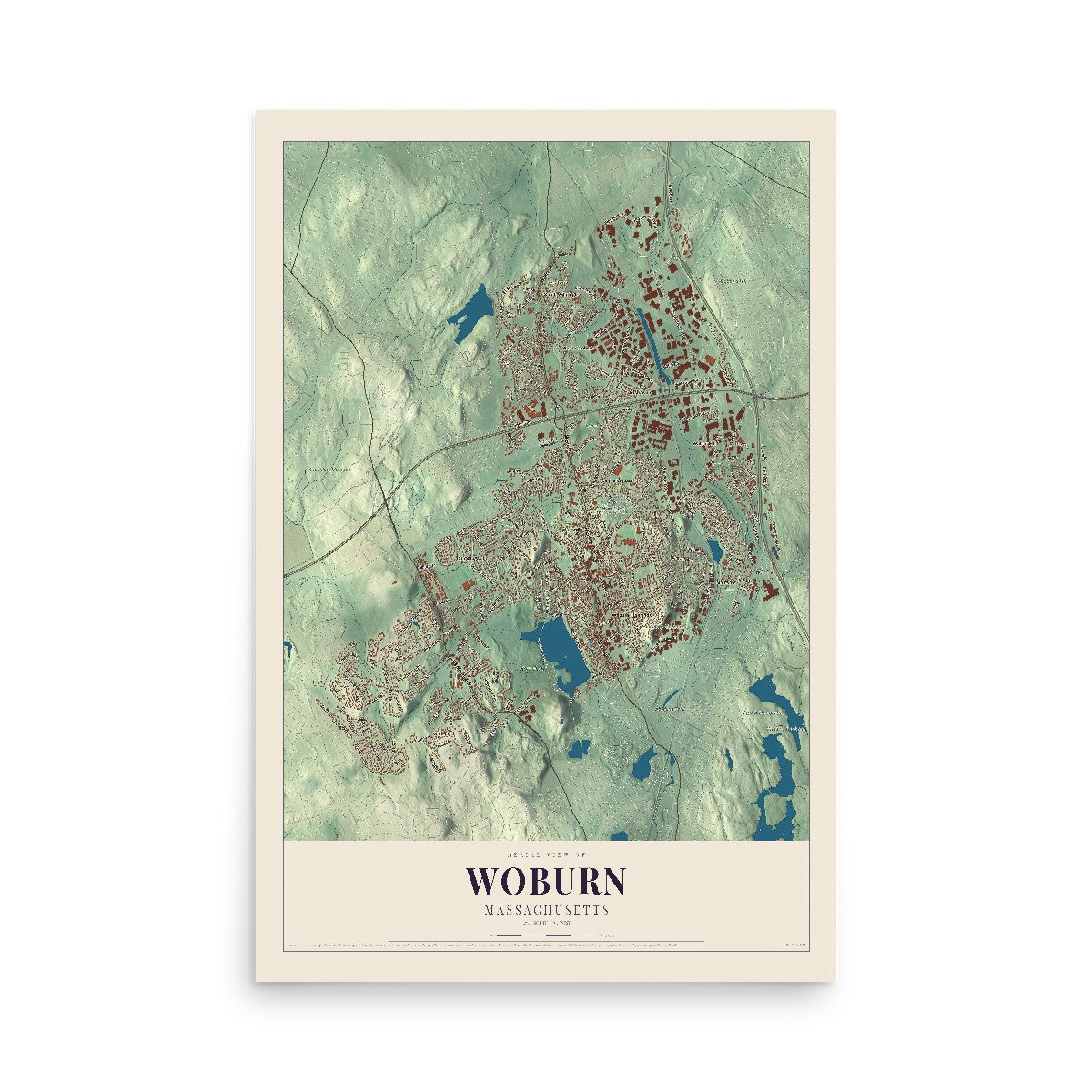 Map of Woburn, Massachusetts, 12 x 18 inch unframed archival matte print