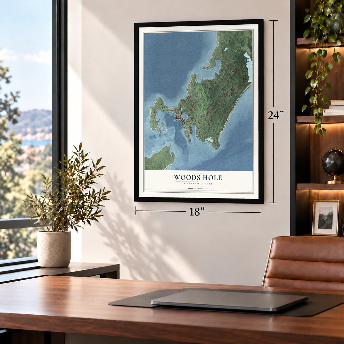Woods Hole, Massachusetts map, 18 x 24 inch print in a black frame in a home office