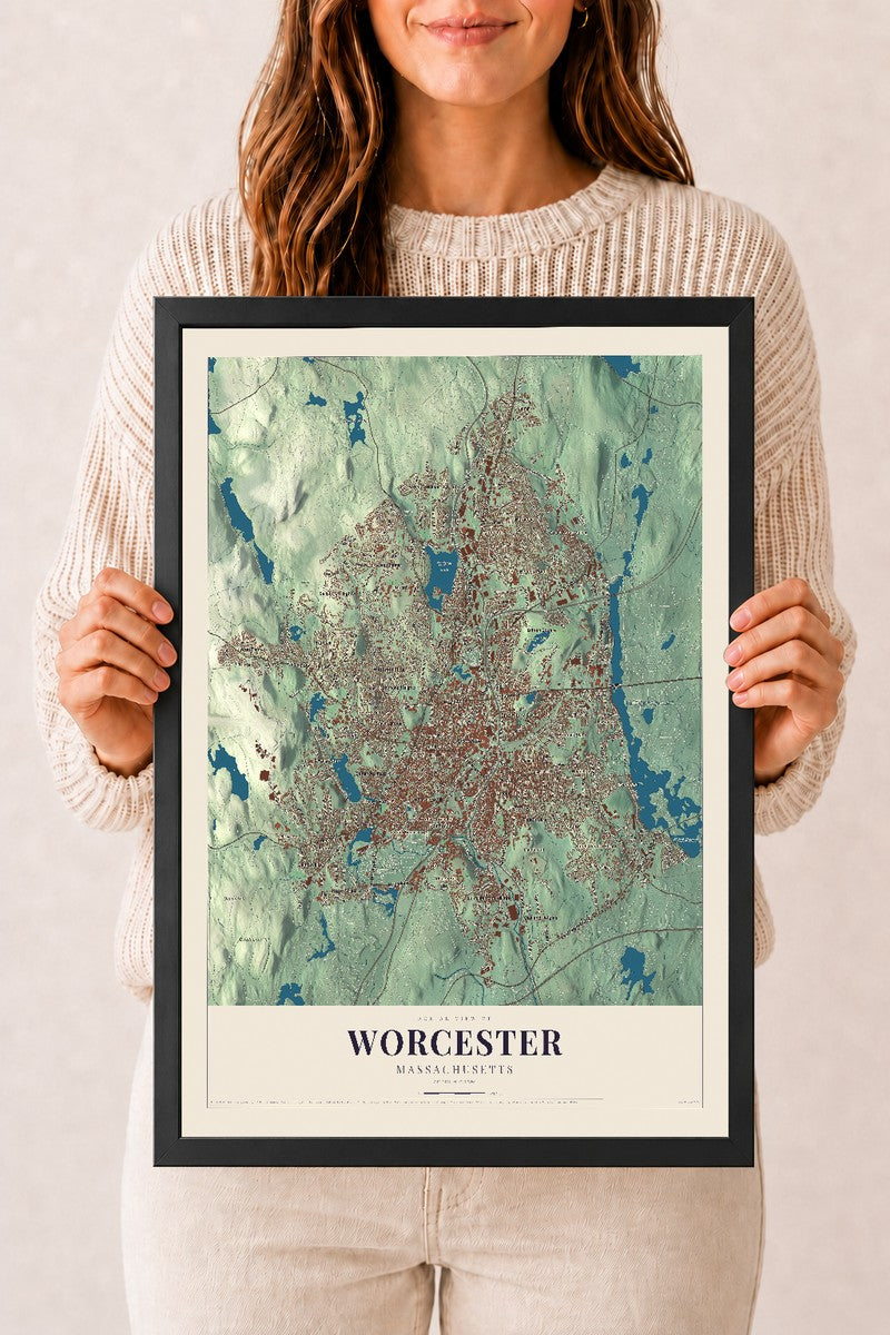 Worcester, Massachusetts map print - 12 x 18 black Ayous wood frame