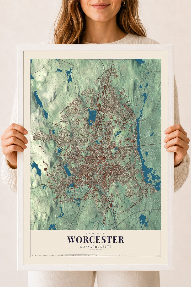 Worcester, Massachusetts map print - 18 x 24 white Ayous wood frame