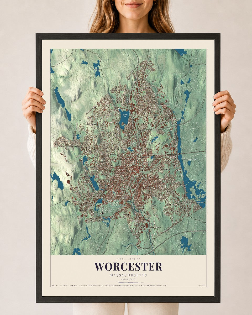 Worcester, Massachusetts map print - 24 x 36 black Ayous wood frame