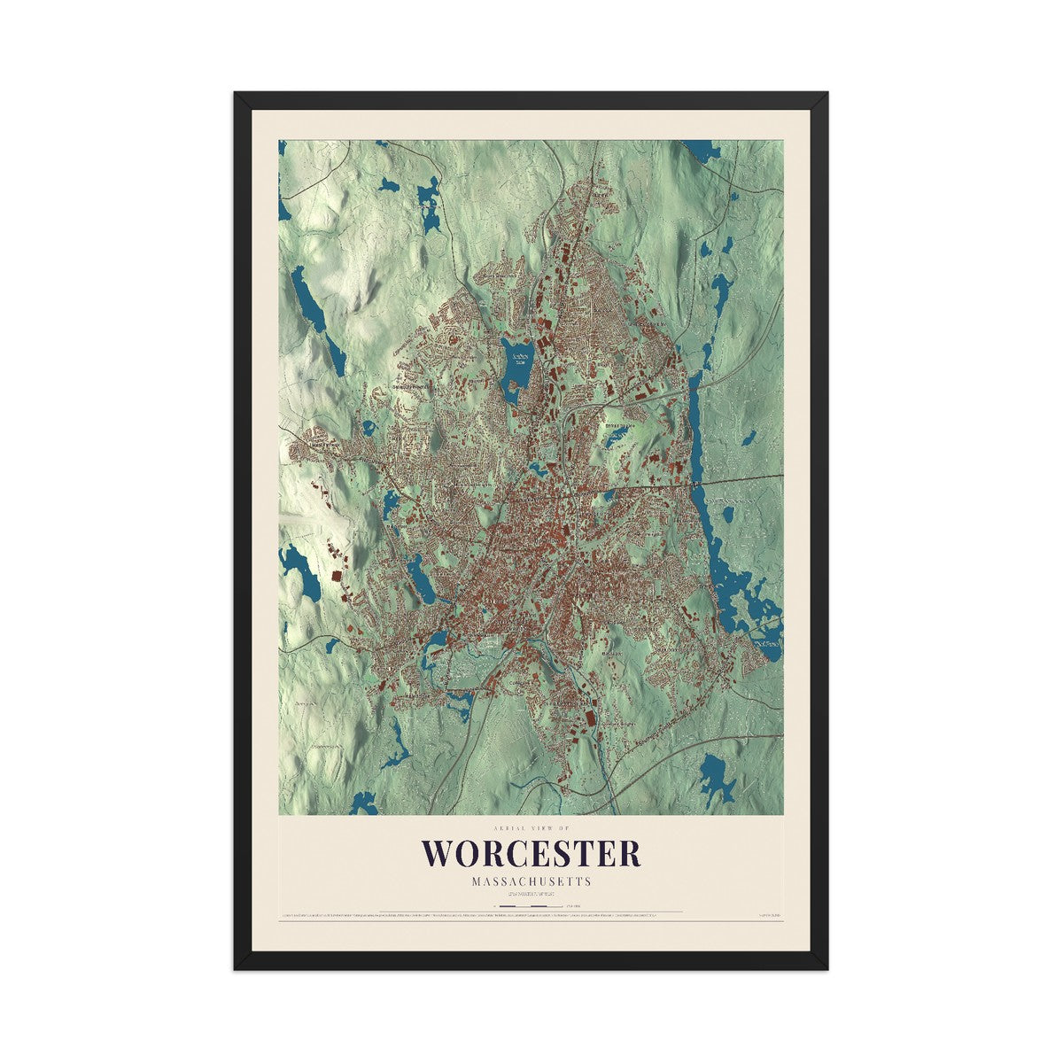 Map of Worcester, Massachusetts, 12 x 18 inch print in a black wood frame