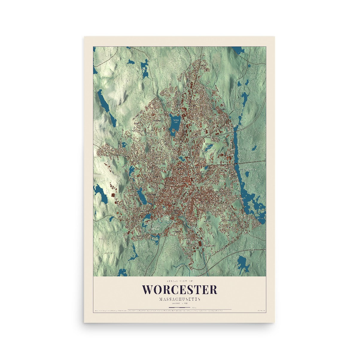 Map of Worcester, Massachusetts, 12 x 18 inch unframed archival matte print