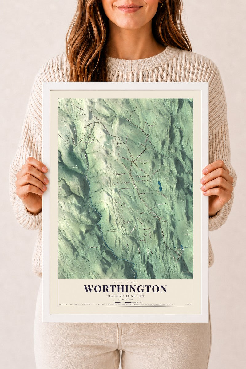 Worthington, Massachusetts map print - 12 x 18 white Ayous wood frame