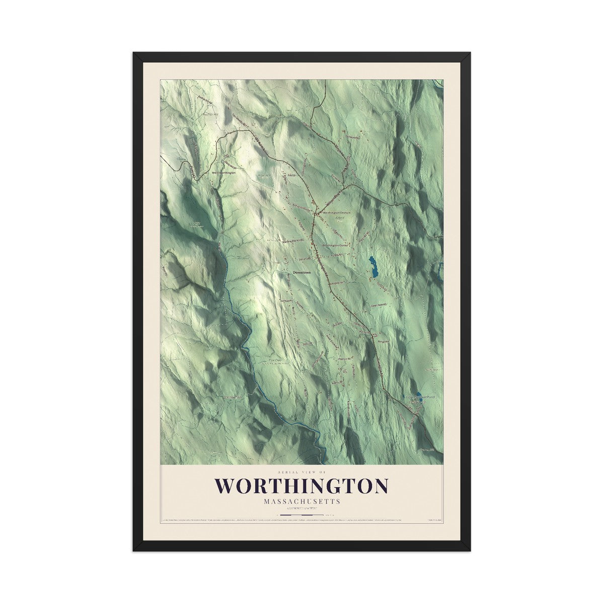 Map of Worthington, Massachusetts, 12 x 18 inch print in a black wood frame
