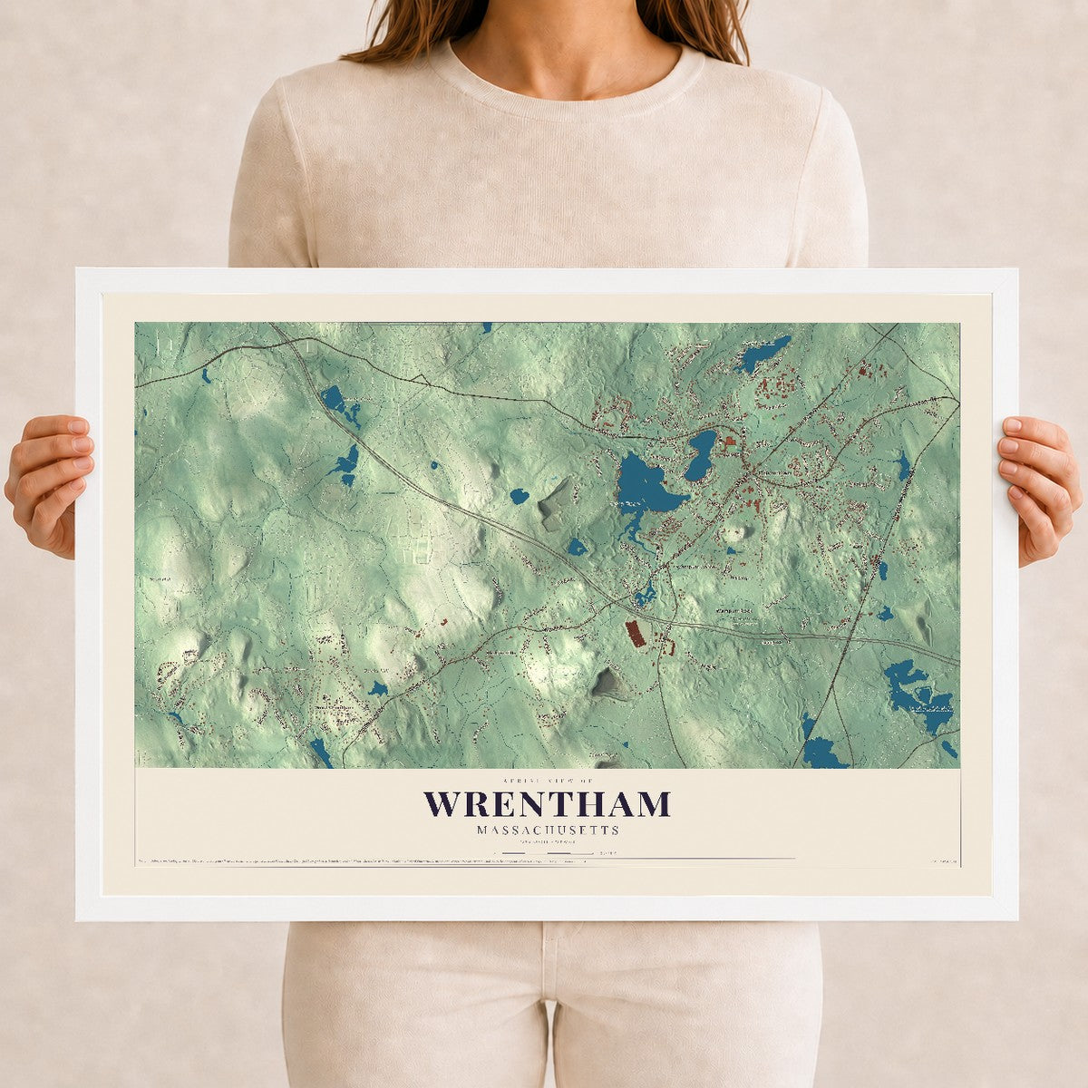 Wrentham, Massachusetts map print - 12 x 18 white Ayous wood frame