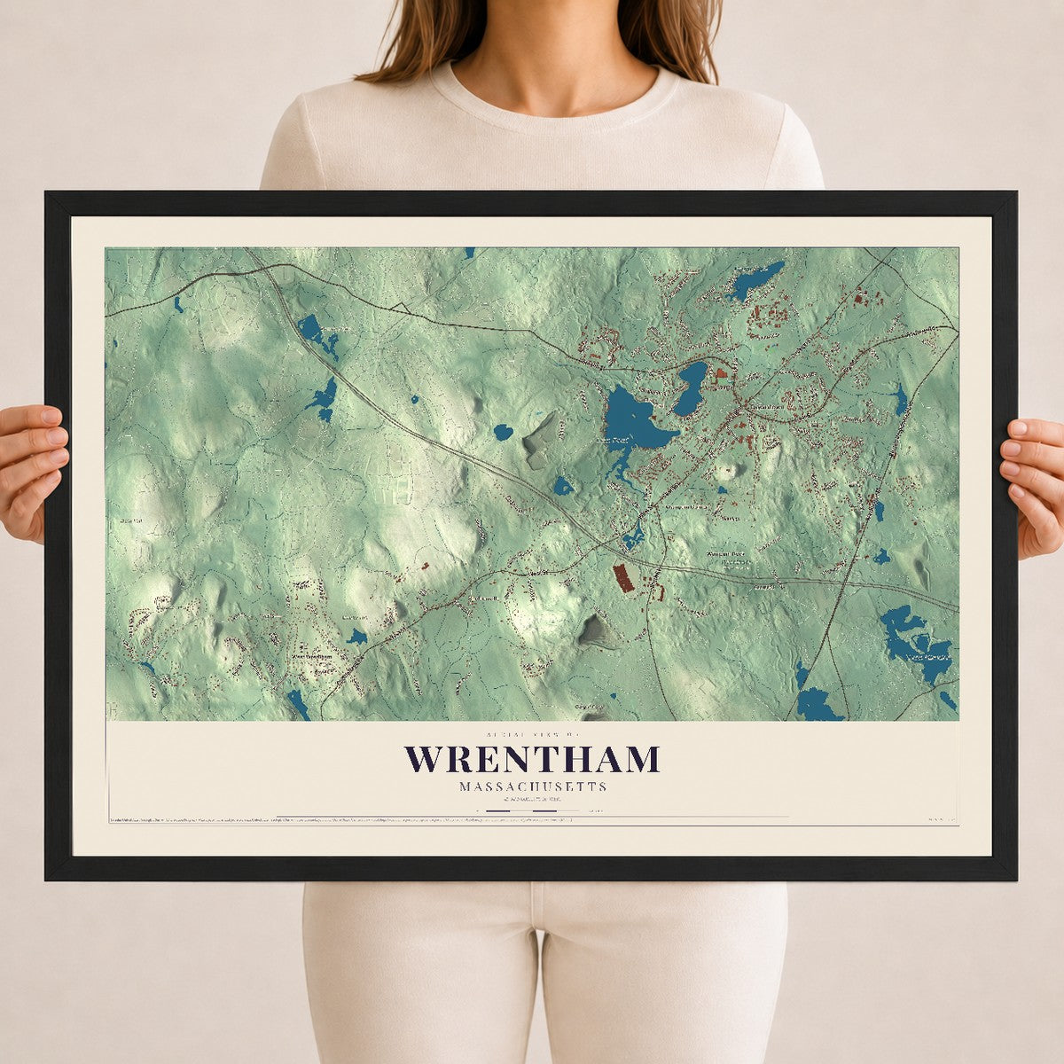 Wrentham, Massachusetts map print - 18 x 24 black Ayous wood frame