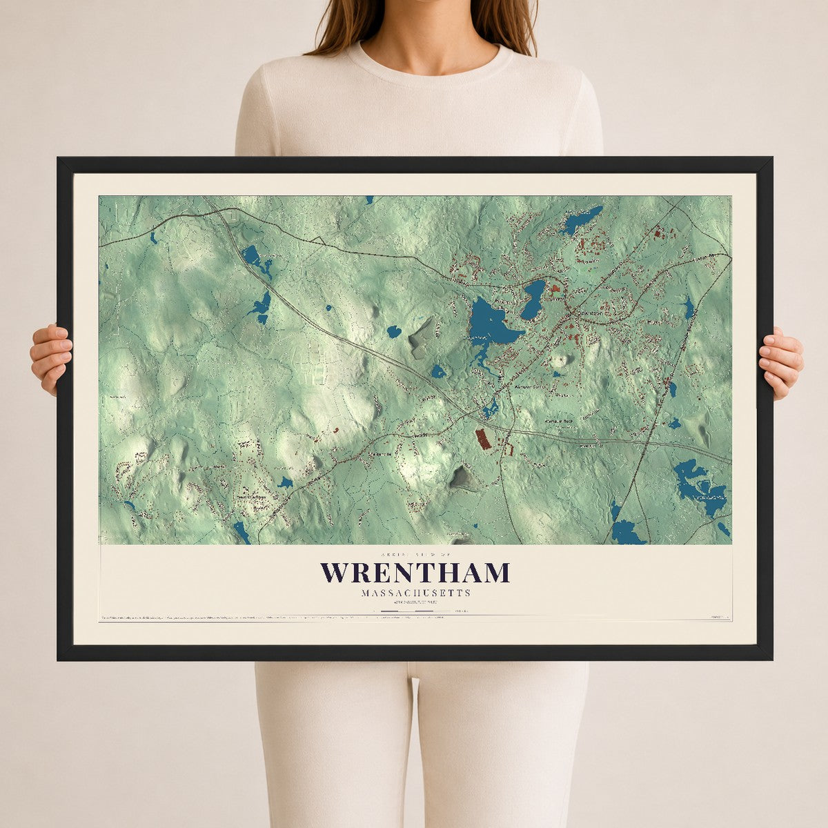 Wrentham, Massachusetts map print - 24 x 36 black Ayous wood frame