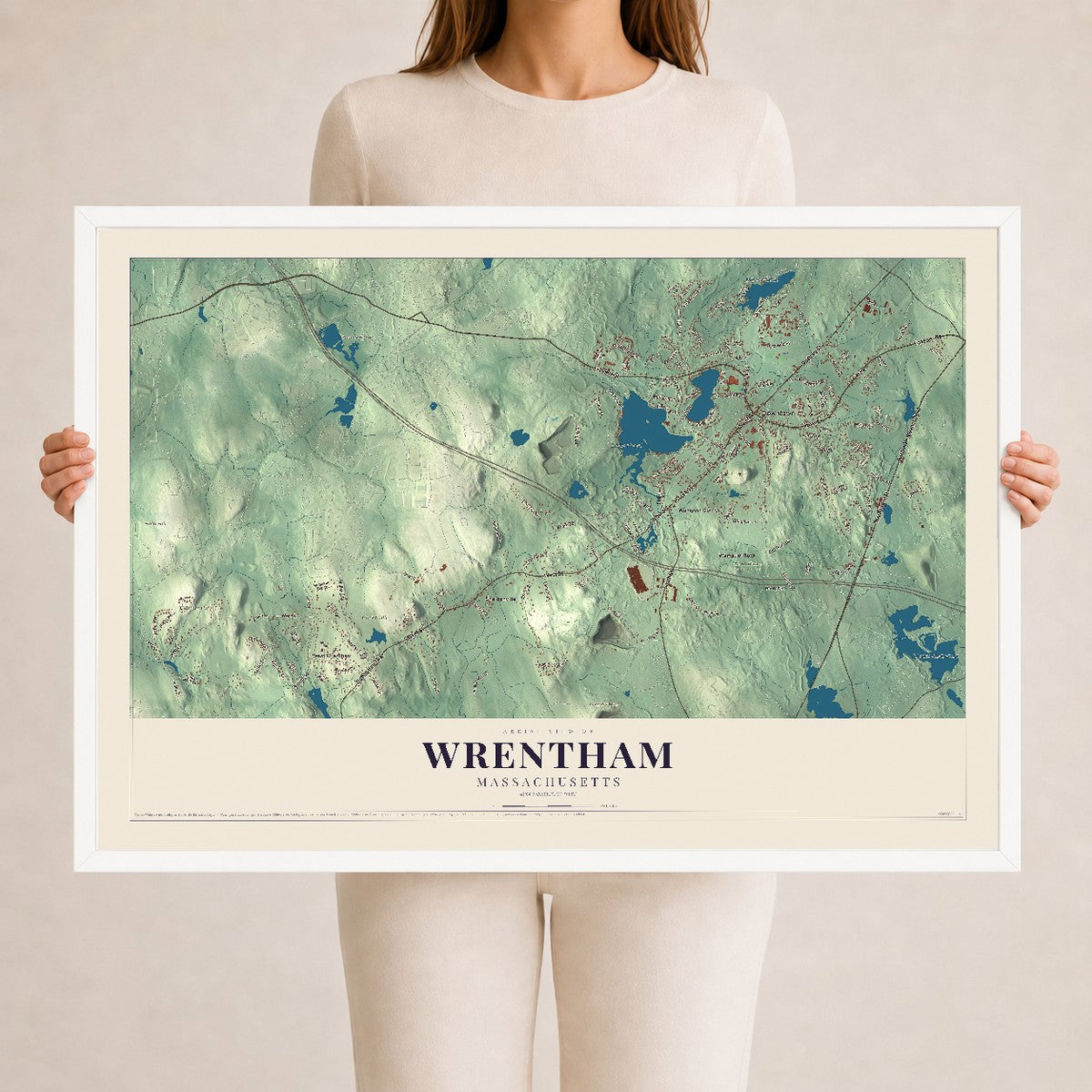 Wrentham, Massachusetts map print - 24 x 36 white Ayous wood frame